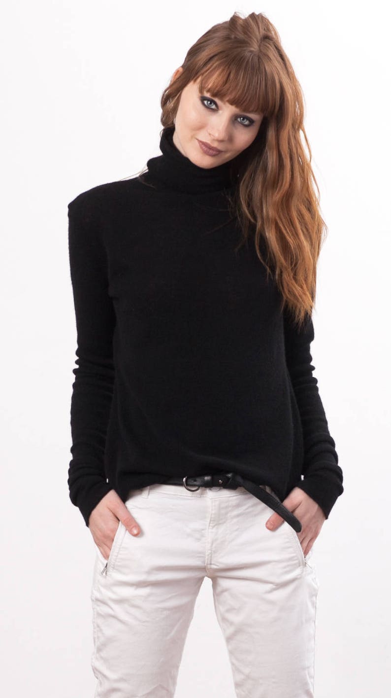 black cashmere turtle neck, 100% cashmere sweater, Turtleneck sweater, Cashmere jumper women, Cashmere pullover, Long roll neck sweater image 2