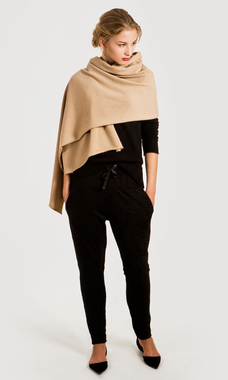 Premium cashmere wrap scarf showing oversized dimensions