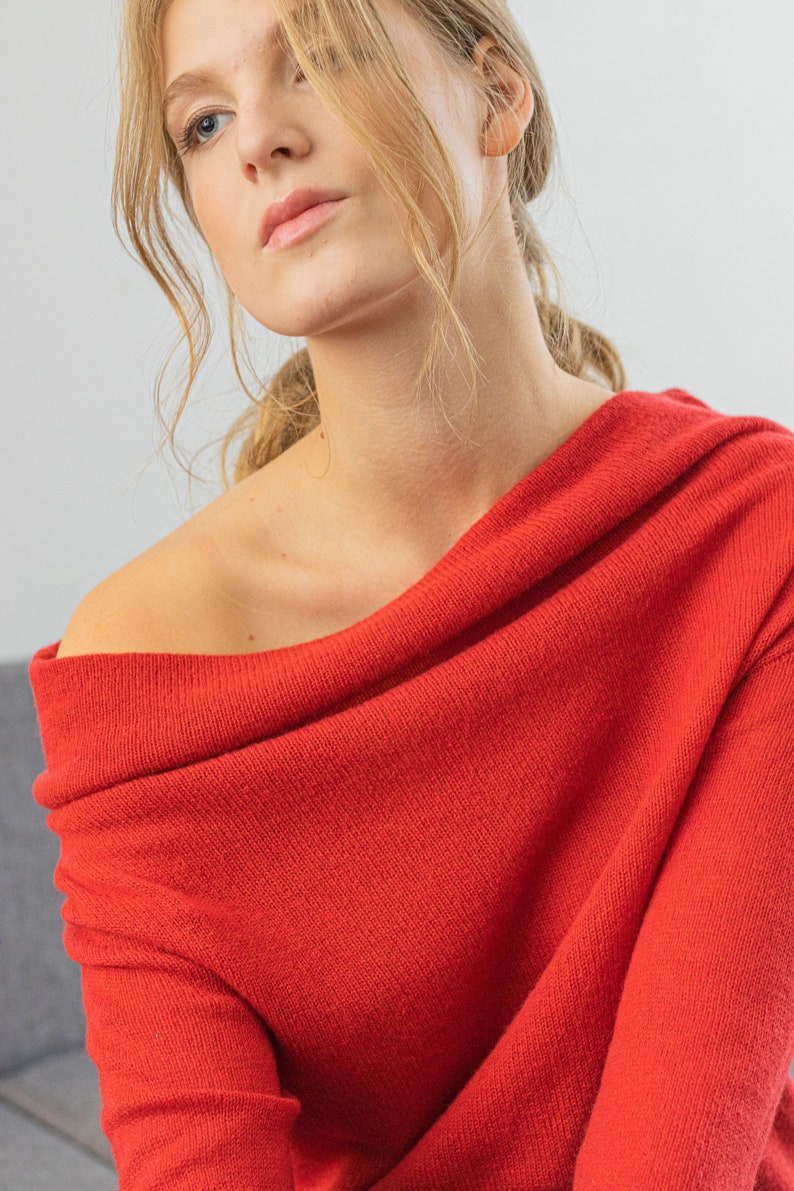 Red Off the Shoulder 100% Cashmere Sweater Cowl Neck Jumper, Drop Shoulder Pullover for Chic Winter Style, Perfect Gift for Her image 3