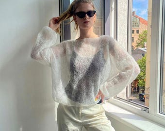 Hand Knitted Lightweight Mohair Silk Top, Hand Knit Jumper, Short Sheer Knit Sweater Women, Minimalist Knitwear