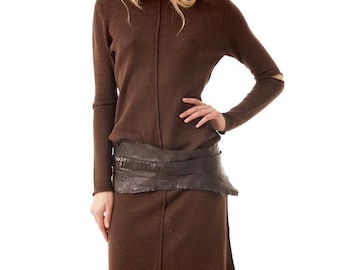 Braunes Merino Wollkleid Midi, A-Linie Strickkleid, Langarm Winterkleid, Elegantes Minimal Wollkleid fürs Büro