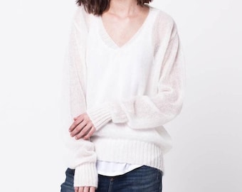 Sheer Mohair Sweater Women, V Neck Mohair Pullover, Oversized Fuzzy Knit, Lightweight Sheer Jumper, Hand Knit Sweater