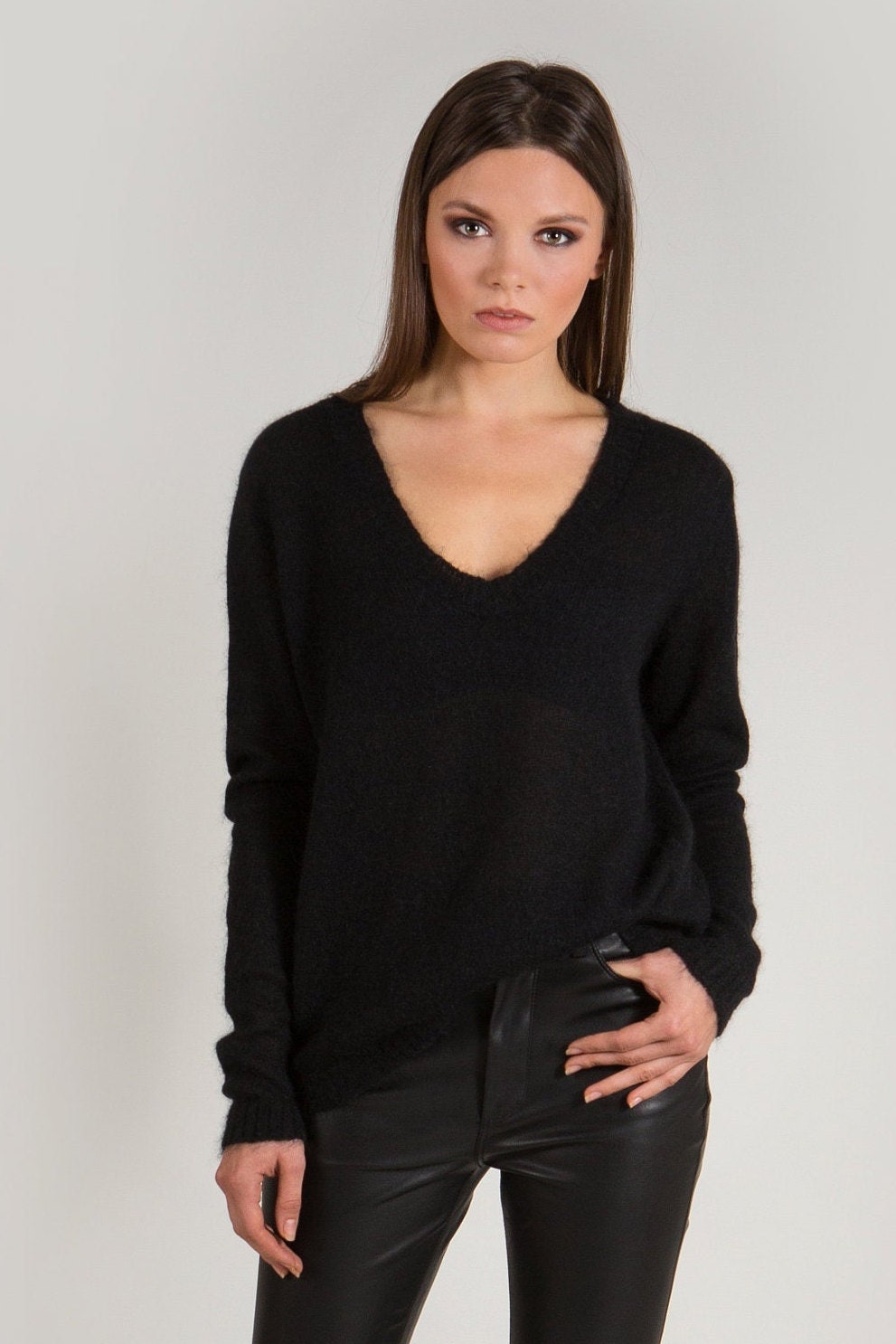 Mohair V Neck Sweater, Black Sweater for Women, Mohair Mohair V Neck Sweater, Black Sweater for Women, Mohair