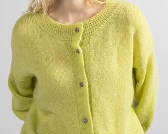 Handmade Mohair Wool Cardigan, Lime Green Fluffy Chunky Knit Jumper