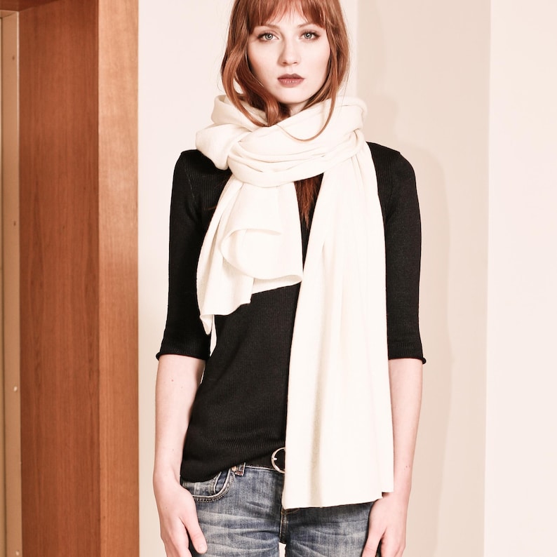 100% Cashmere Scarf, Luxury Lightweight Shawl, Soft Travel Wrap, White Winter Gift image 1
