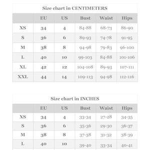 K&ouml;nnte beinhalten: Gr&ouml;&szlig;entabelle in Zoll und Zentimetern f&uuml;r Kleidung. Die Tabelle zeigt die Gr&ouml;&szlig;en XS bis XXL mit den entsprechenden Ma&szlig;en f&uuml;r Brust, Taille und H&uuml;fte.