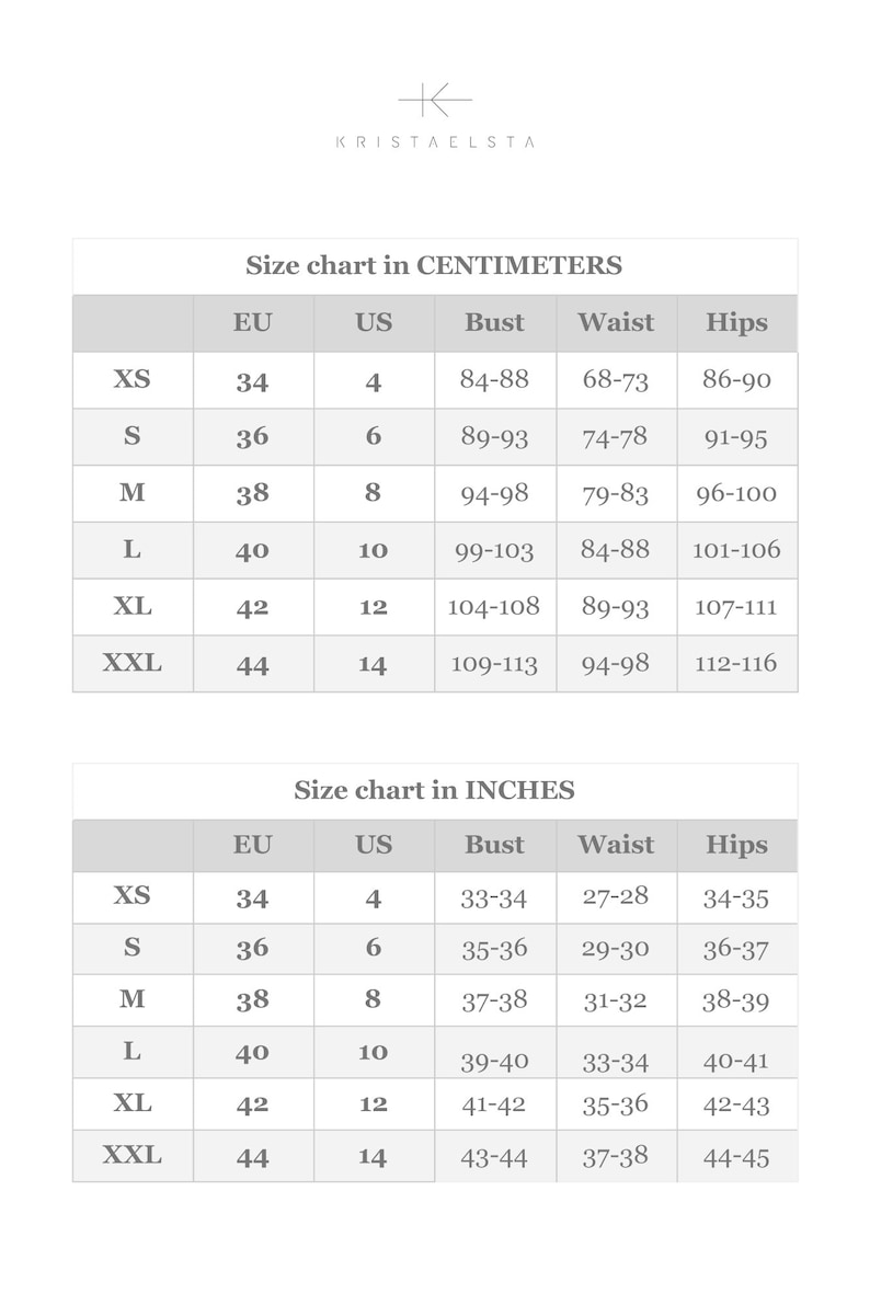 May include: Size chart in inches and centimeters for clothing. The chart shows the corresponding US, EU, bust, waist, and hip measurements for sizes XS, S, M, L, XL, and XXL.
