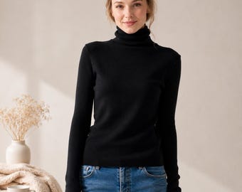 Black Turtleneck Jumper - XL - High neck Sweater with thumbholes, 100% Merino Wool