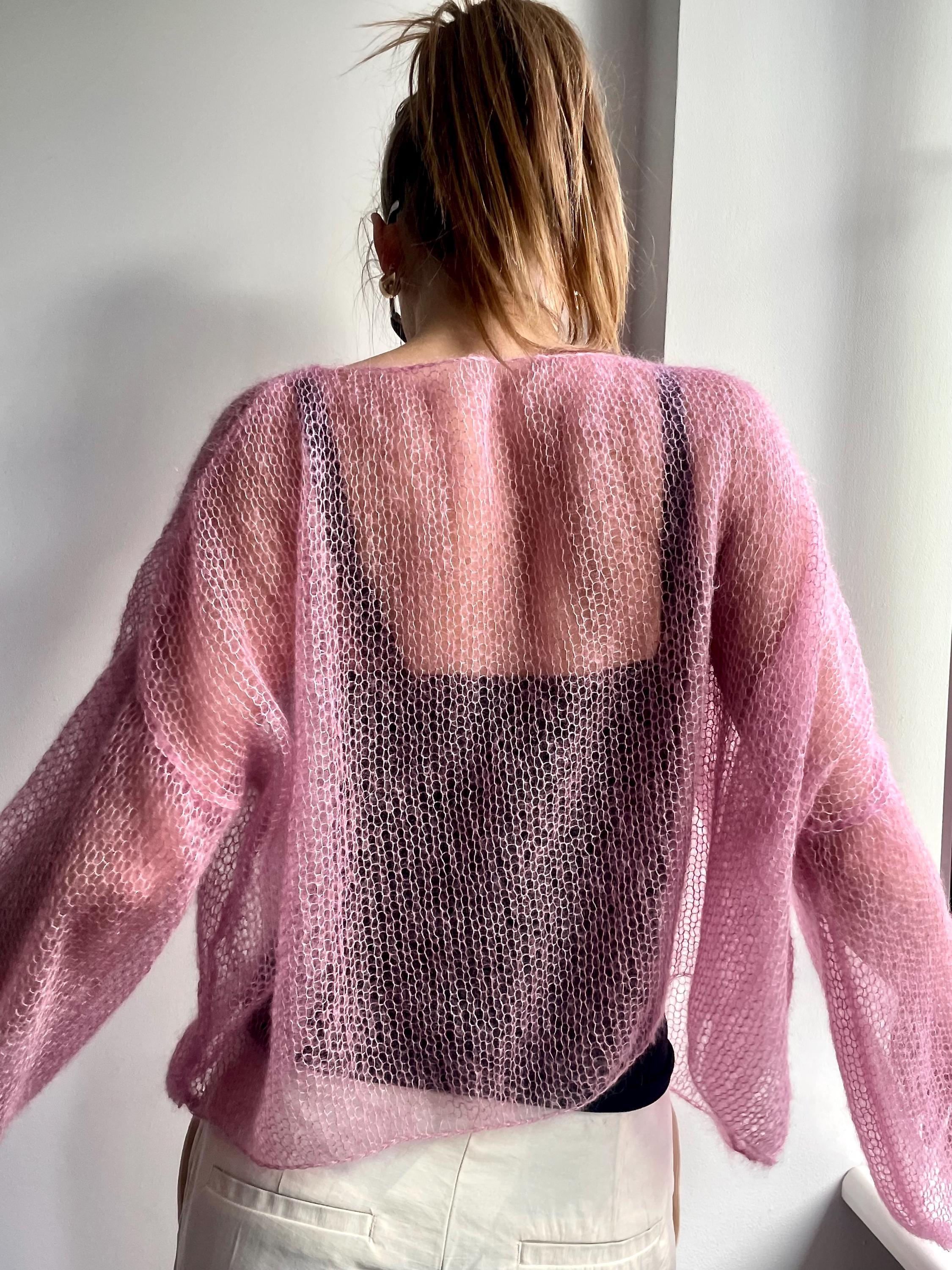 Handmade Pink Knit Sweater, Cute Summer Top, Sheer Pink Top Women