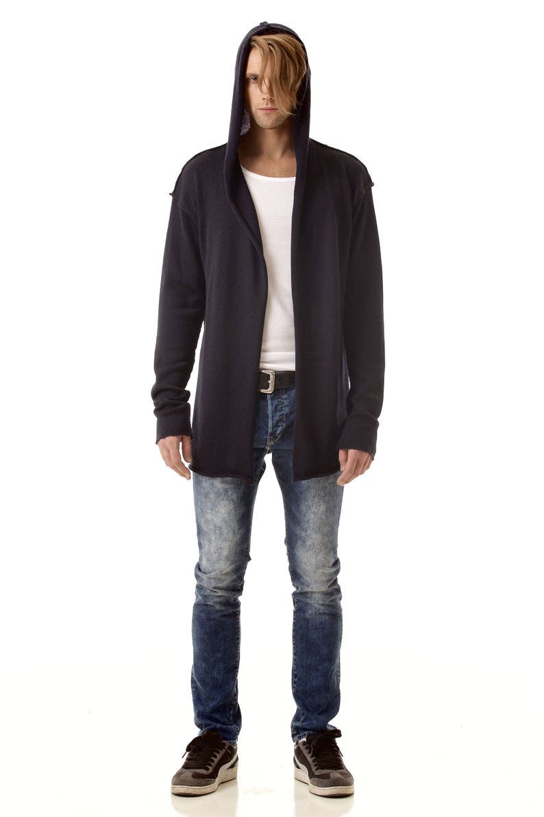 Men's black hooded cardigan with open front and raw edges