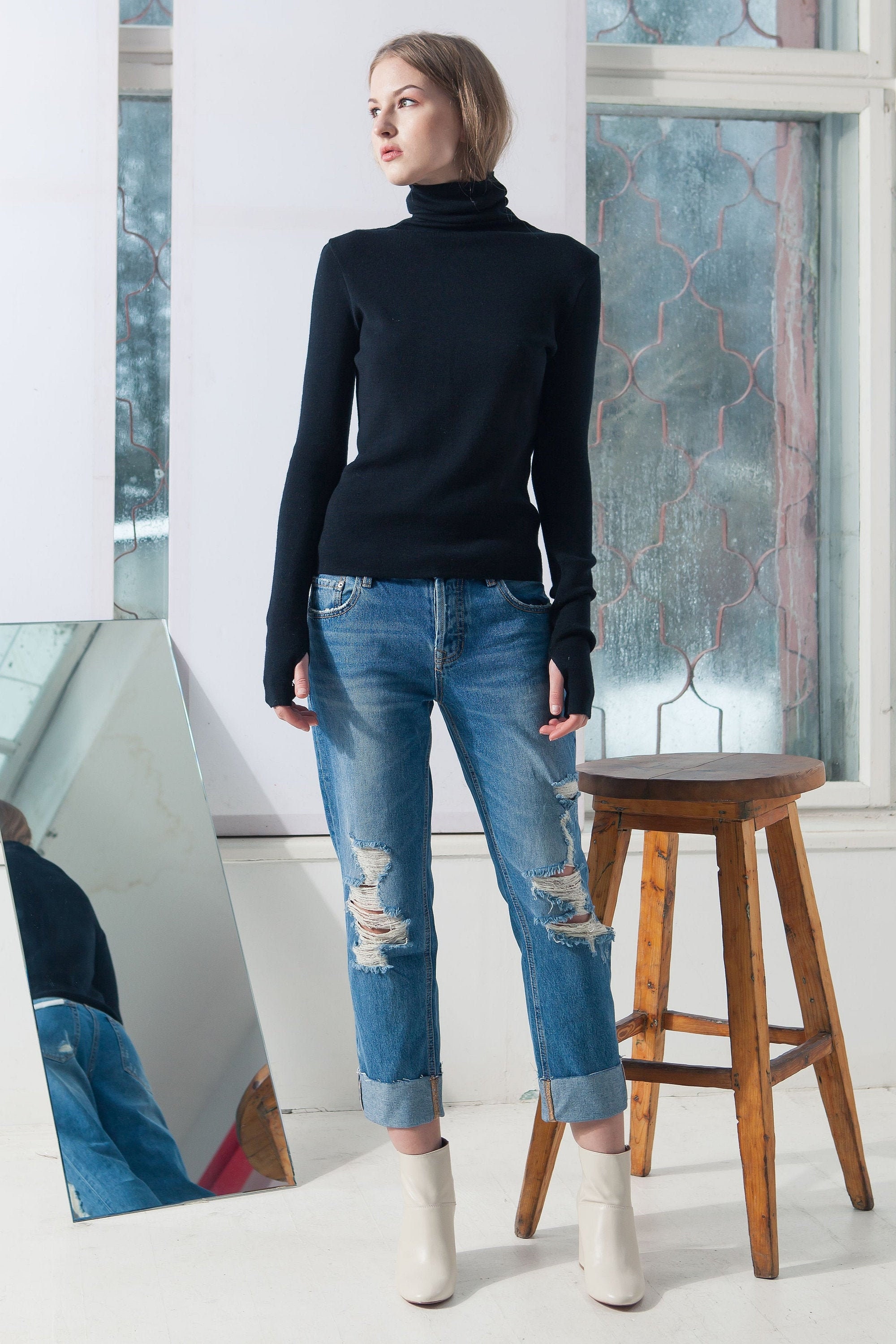 black fitted turtleneck womens