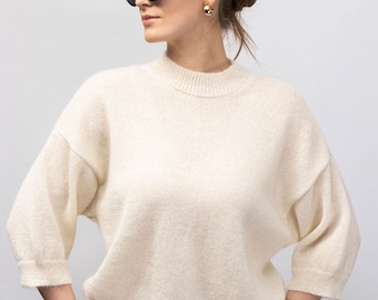 Fuzzy Mohair Wool Sweater STELLA – Soft Loose Knit Pullover with 3/4 Sleeves