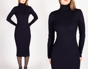 Gestricktes Rollkragen-Merino-Wollkleid - Elegante Wadenlänge, Tee-Länge Schwarzes Kleid für den Frühling - Geschenk für Frauen, Midi-Kleid