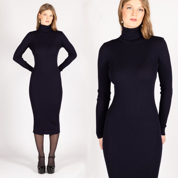 Gestricktes Rollkragen-Merino-Wollkleid - Elegante Wadenlänge, Tee-Länge Schwarzes Kleid für den Frühling - Geschenk für Frauen, Midi-Kleid