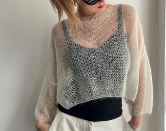 Sheer Mohair Sweater, White Cropped Pullover, Hand Knit Fluffy Oversized Sweater Women