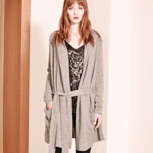 LONG CASHMERE CARDIGAN, grey hooded sweater, womens cashmere jacket, long cardigan, open front cashmere coat, cardigan with pockets and belt