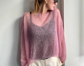Handmade Short Mohair Silk Sweater Women, Sheer Mesh Knit Top, Fluffy Pink Jumper, Fuzzy Pullover