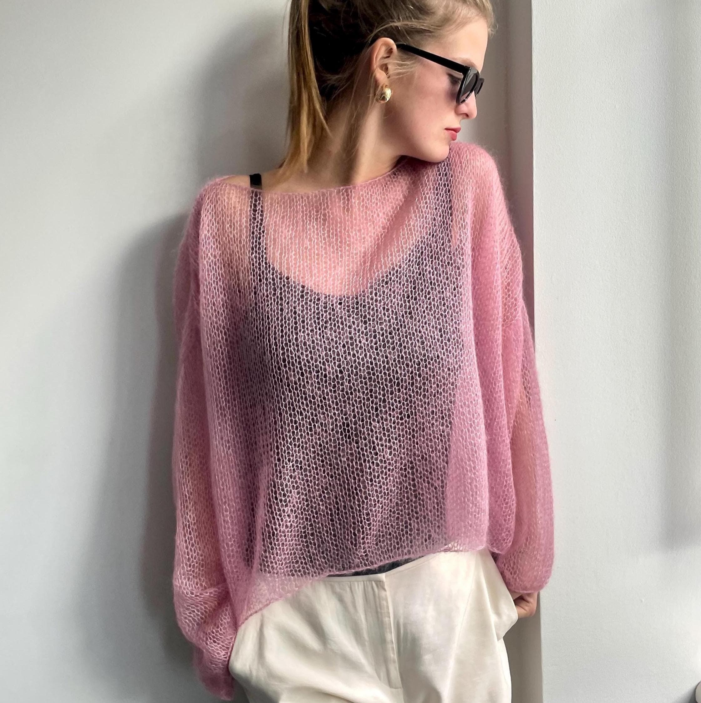 Handmade Pink Knit Sweater, Cute Summer Top, Sheer Pink Top Women Handmade Pink Knit Sweater, Cute Summer Top, Sheer Pink Top Women
