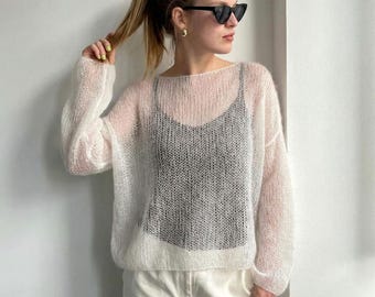 White Mohair Silk Sweater – Bridal Knit Pullover, Sheer Mohair Silk Wedding Sweater for Bride