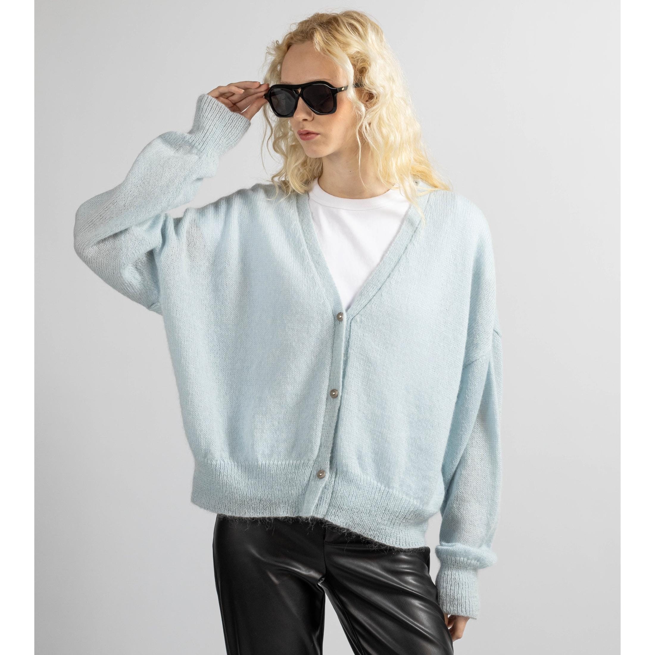 Mohair Cardigan, Light Blue Mohair Cardigan, Soft Fluffy V-Neck Knit Sweater, Button Down Wool Cardigan, Button-Up Jacket Ribbed Cuffs Hem Mohair Cardigan, Light Blue Mohair Cardigan, Soft Fluffy V-Neck Knit Sweater, Button Down Wool Cardigan, Button-Up Jacket Ribbed Cuffs Hem