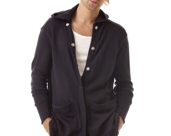 Men's Hooded Cardigan Sweater, Snap Button Wool Knit Jacket with Pockets, Handmade Winter Coat, Gift for Him