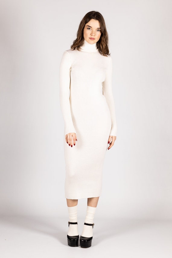  Vestidos de primavera para mujer 2023, vestido de cuello alto,  vestido de suéter de invierno, vestidos midi lisos de lana, Blanco : Ropa,  Zapatos y Joyería