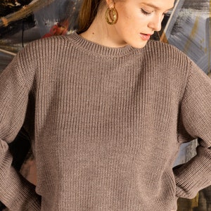 Knitted wool sweater, Women wool sweater, Brown knit woolen jumper, Black crew neck pullover, Knitwear top, Ribbed sweater image 8