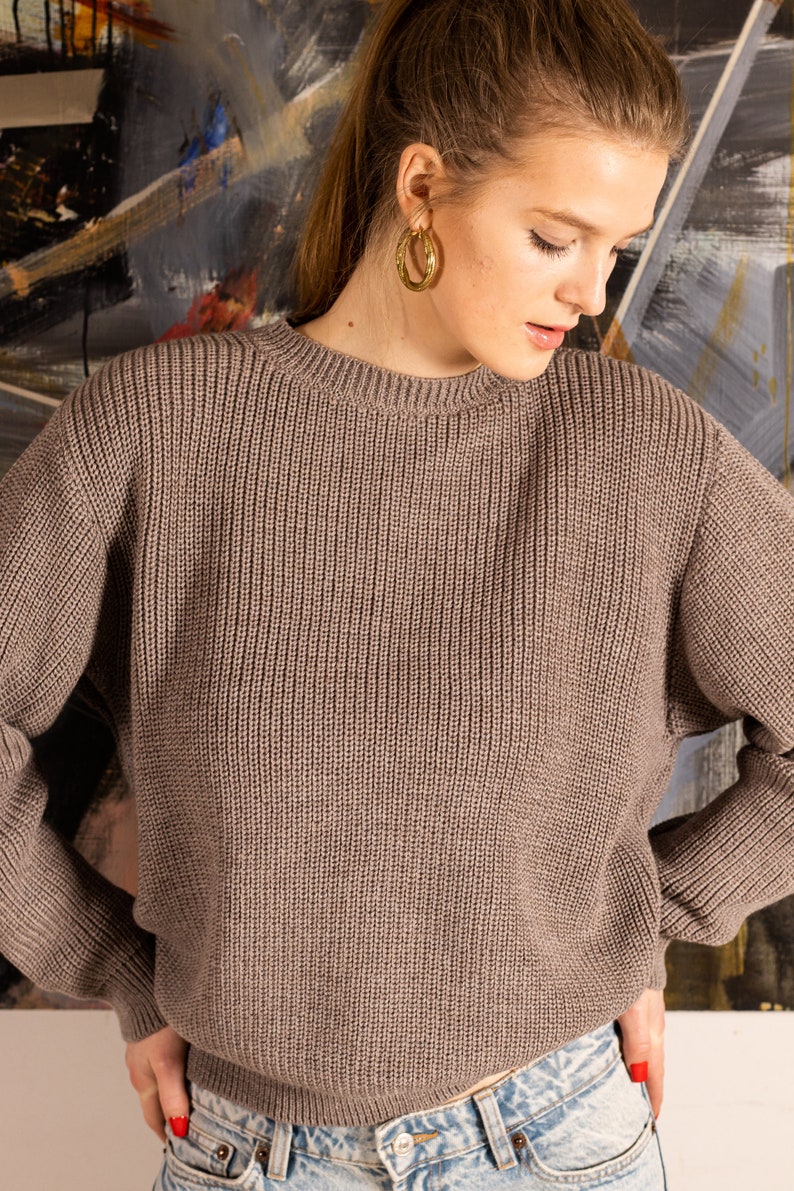 Knitted wool sweater, Women wool sweater, Brown knit woolen jumper, Black crew neck pullover, Knitwear top, Ribbed sweater image 8