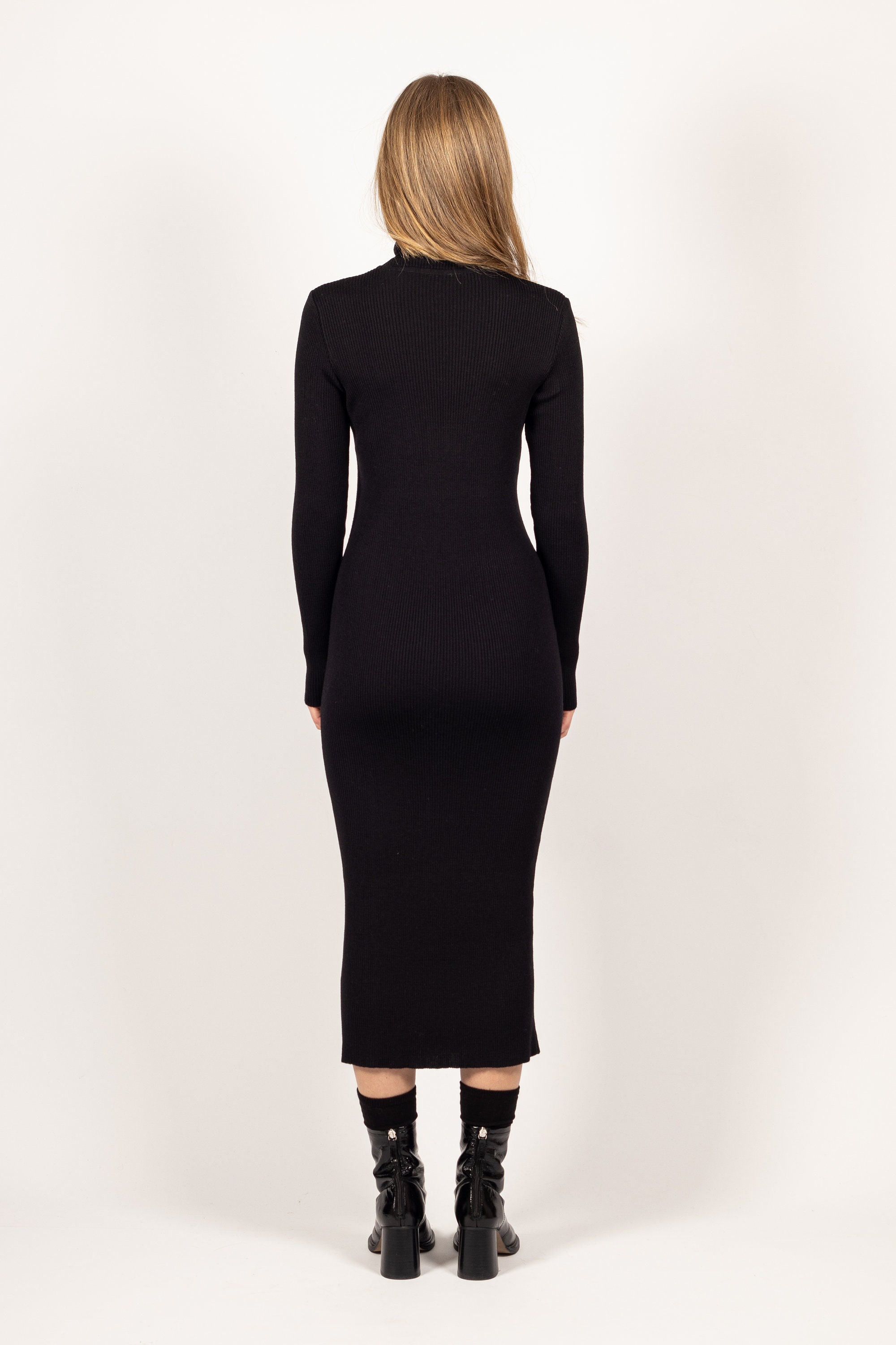 Black Wool Knit Dress, 100% Merino, Fitted Turtleneck Sweater Dress