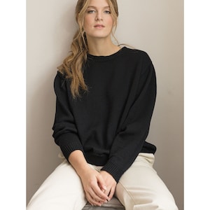 Merino Wool Sweater, Black Handmade Pullover, Natural Wool Knitwear, Soft Crew Neck Jumper, Relaxed Fit Wool Sweater, Cozy Knit Top