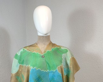 2-way poncho: shrug, blouse and poncho in natural japanese vintage silk - Shibori handpainted