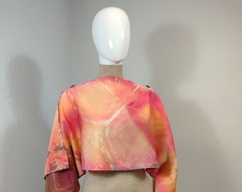 2-way poncho: shrug, blouse and poncho in natural japanese vintage silk - Shibori handpainted