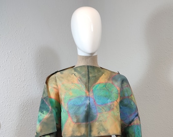 2-way poncho: shrug, blouse and poncho in natural japanese vintage silk - Shibori handpainted