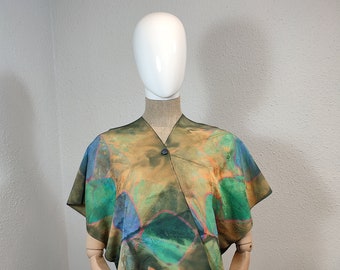 2-way poncho: shrug, blouse and poncho in natural japanese vintage silk - Shibori handpainted