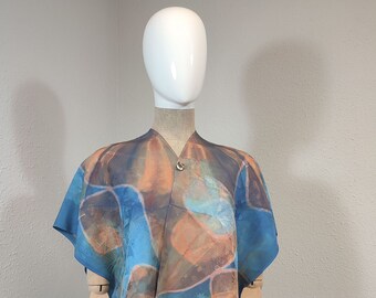 2-way poncho: shrug, blouse and poncho in natural japanese vintage silk - Shibori handpainted