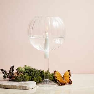 Puede incluir: Un portavelas de vidrio transparente con un diseño redondo y acanalado. El portavelas está lleno de agua y una vela blanca flota en su interior. Dos mariposas están sobre una superficie de madera con musgo.