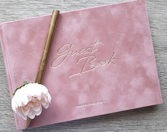 Velvet wedding guest book Gold hot foil personalized Personalized guest book Choose velvet cover color Landscape orientation Gold metal edge