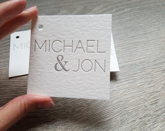 500 Custom letterpress hang tags; square letterpress tags; hole punching, die cutting, thick card stock, one ink color