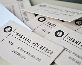 100 Letterpress calling cards, light brown card stock, black ink. Your text, our design letterpress business cards. Custom shape die cutting