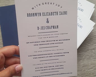 Custom letterpress wedding stationery; letterpress wedding invitations, RSVP's, custom envelopes, letterpress reception cards