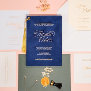 Luxury Velvet Wedding Invitation Suite with Gold Tassel – Full Foil-Stamped Set | Mayflower Collection