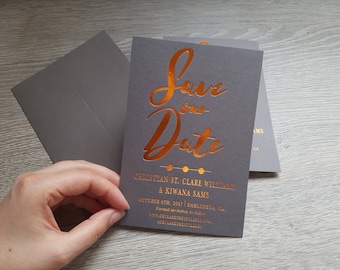 50 Custom hot foil save the date cards and matching envelopes; copper foil, silver foil, gold foil; various card stock colors