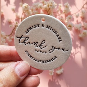200 Custom Letterpress Thank You Tags – Round Wedding Tags with Hole Punching, Personalized Ink Color, Handmade Hang Tags