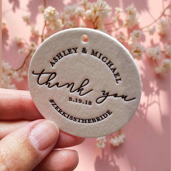 Etiquetas de agradecimiento personalizadas con impresión tipográfica: etiquetas colgantes redondas para recuerdos de boda, juego de 200