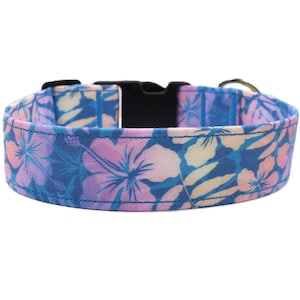 Blue and Purple Tropical Hibiscus Dog Collar: Hawaiian Cotton Fabric, Handmade Adjustable Collar