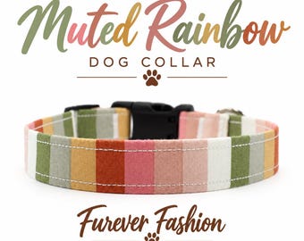 Muted Rainbow Stripe Dog Collar, Handmade Cotton