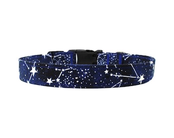 Galaxy Constellation Dog Collar, Dark Blue Starry Print: Adjustable Handmade Collar