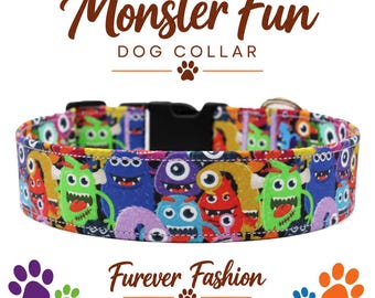 Monster Dog Collar, Halloween Print, Adjustable
