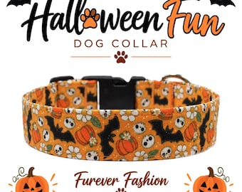Halloween Pumpkin Bat Dog Collar, Orange Cotton Collar