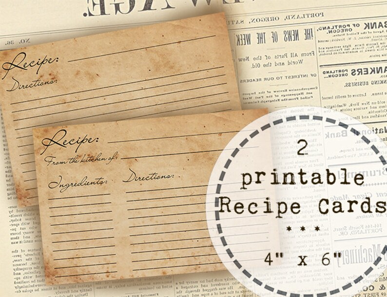 2 Printable Recipe Cards Recipe Card Divider Vintage Recipe Etsy